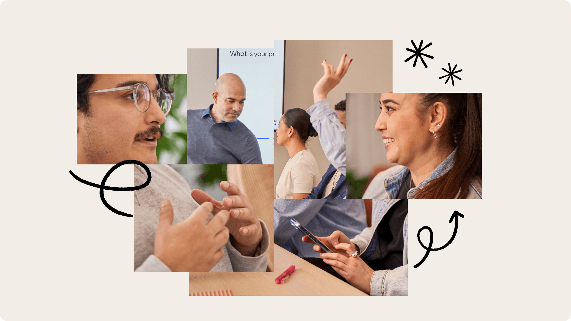 An overhead view of a collaborative work session featuring illustrated characters interacting with graphs, laptops, and thought bubbles. The design playfully emphasizes group interaction, curiosity, and shared insight—capturing the spirit of turning presentations into conversations.